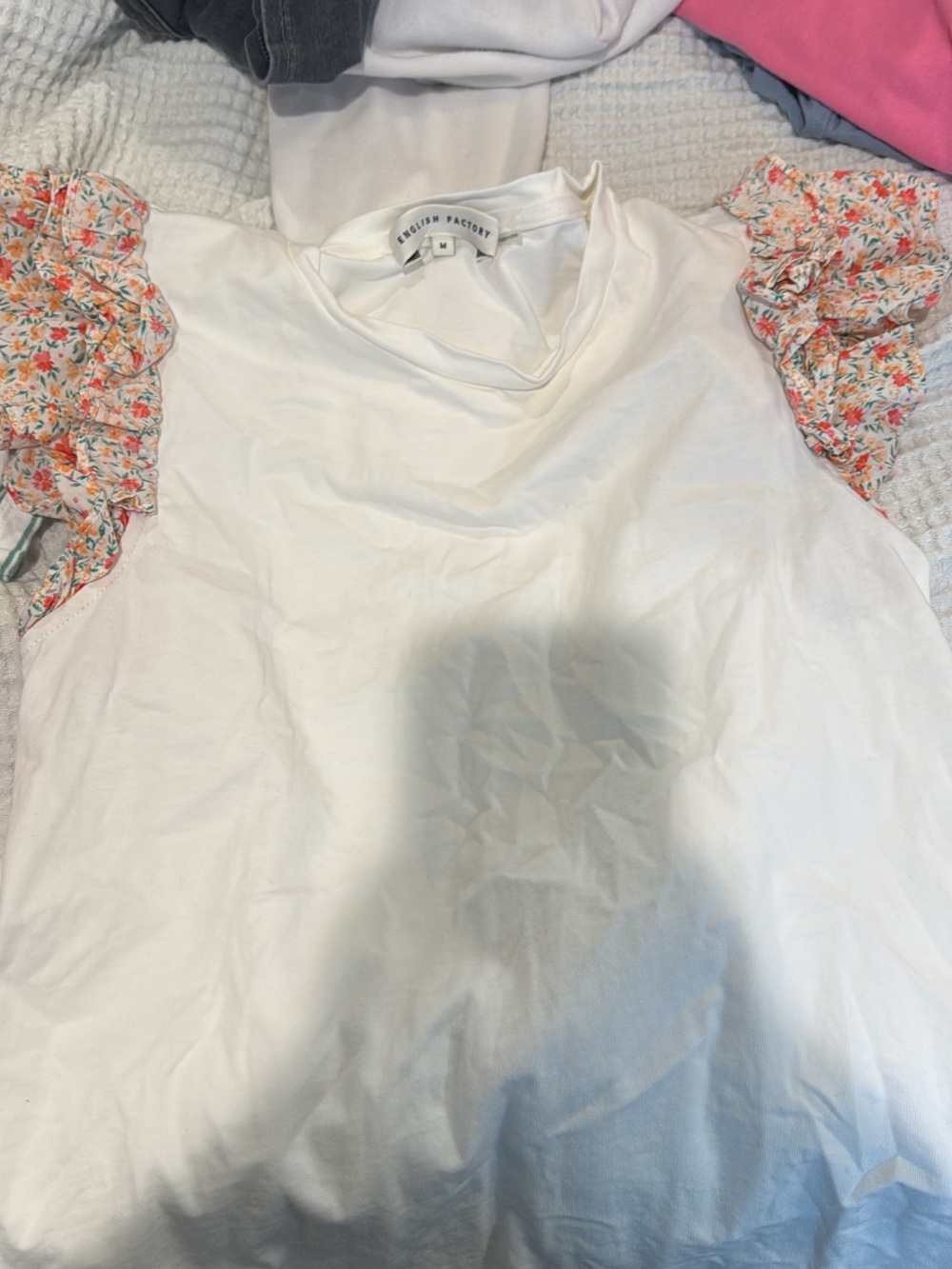 English Factory White Tee with Floral Ruffle Sleeves - Pink Orange Print
